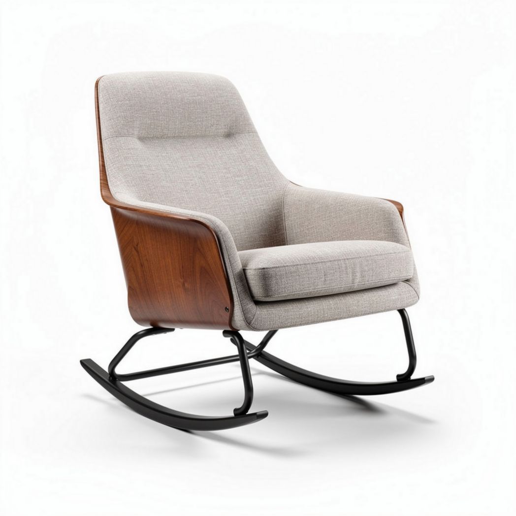 schommelstoel met houten accenten en grijs stoffen bekleding 85 x 75 x 90cm