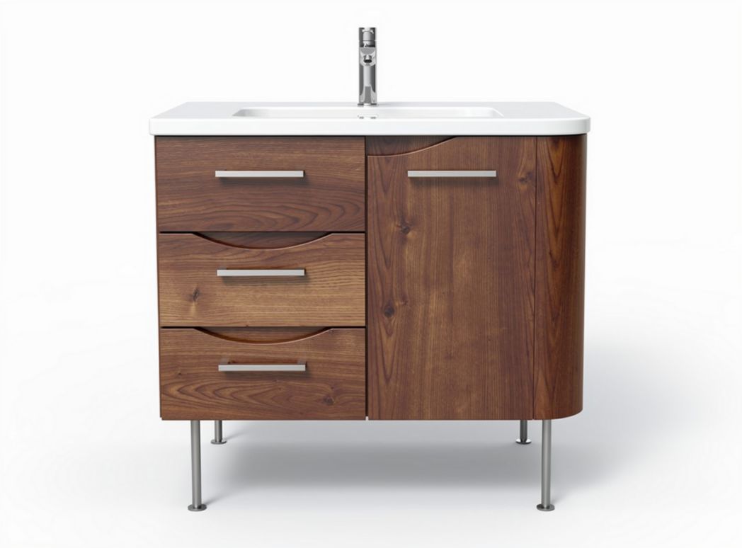 Badkamermeubel met 3 lades en kast, houtkleur en wit porselein, 80 x 50 x 85cm