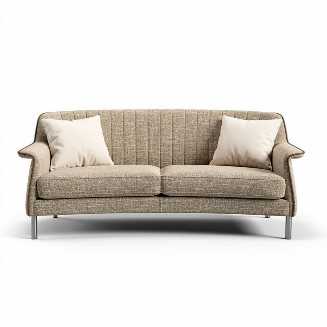 Beige stoffen bank met ronde rugleuning en metalen poten 200 x 80 x 85cm