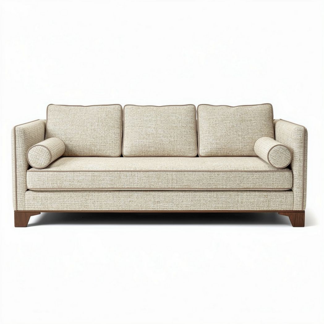 Hedendaagse bank in lichtbeige stof met houten poten 200 x 90 x 85cm