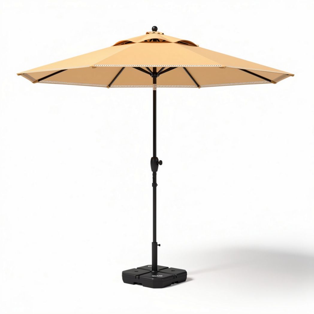 Lichtgewicht parasol met zwarte voet en beige doek 250 x 250 x 250cm