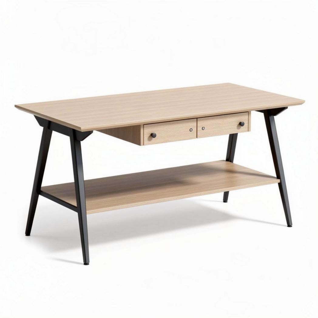 Bureau van hout met twee lades en onderplank 120 x 60 x 75cm zwart en lichtbruin